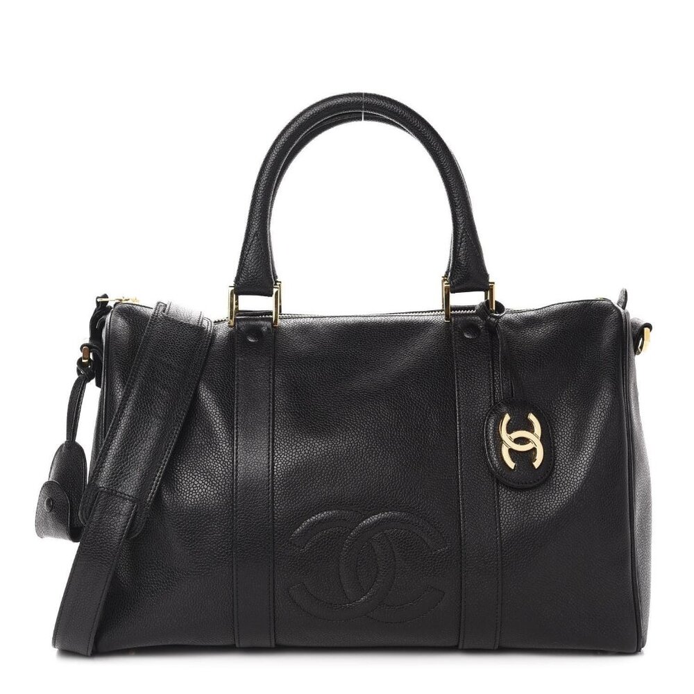 Authentic CHANEL Caviar Leather Large Bowler Bag Travel Bag Duffle Black CC Tote